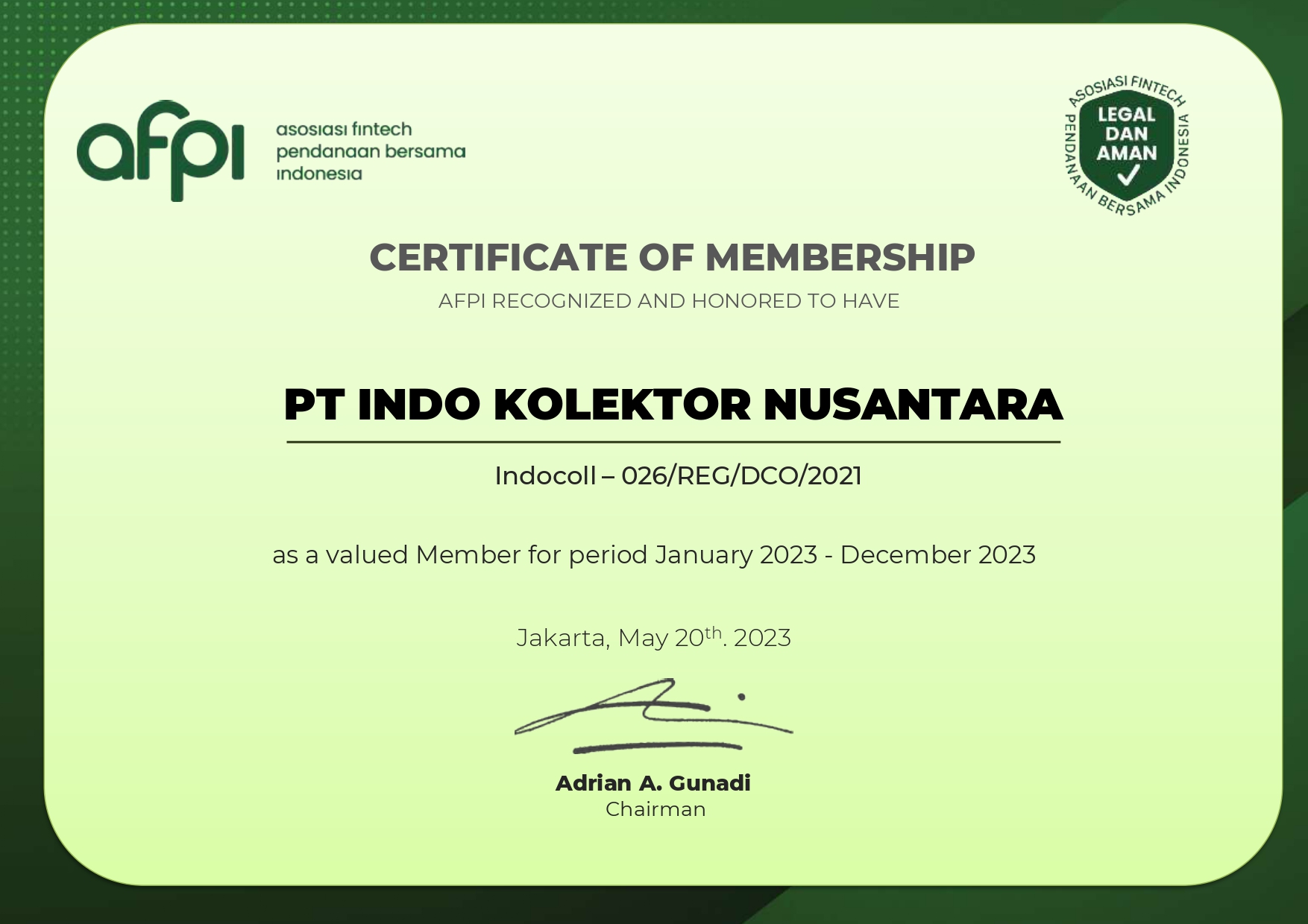 Certificate Membership ASSO 2023-PT Indo Kolektor Nusantara